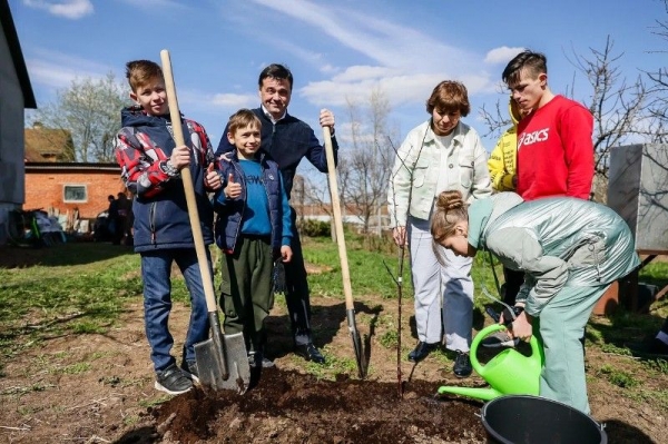 Губернатор вместе с семьей, принявшей ребенка из ДНР, посадил яблоню в рамках акции «Лес Победы»